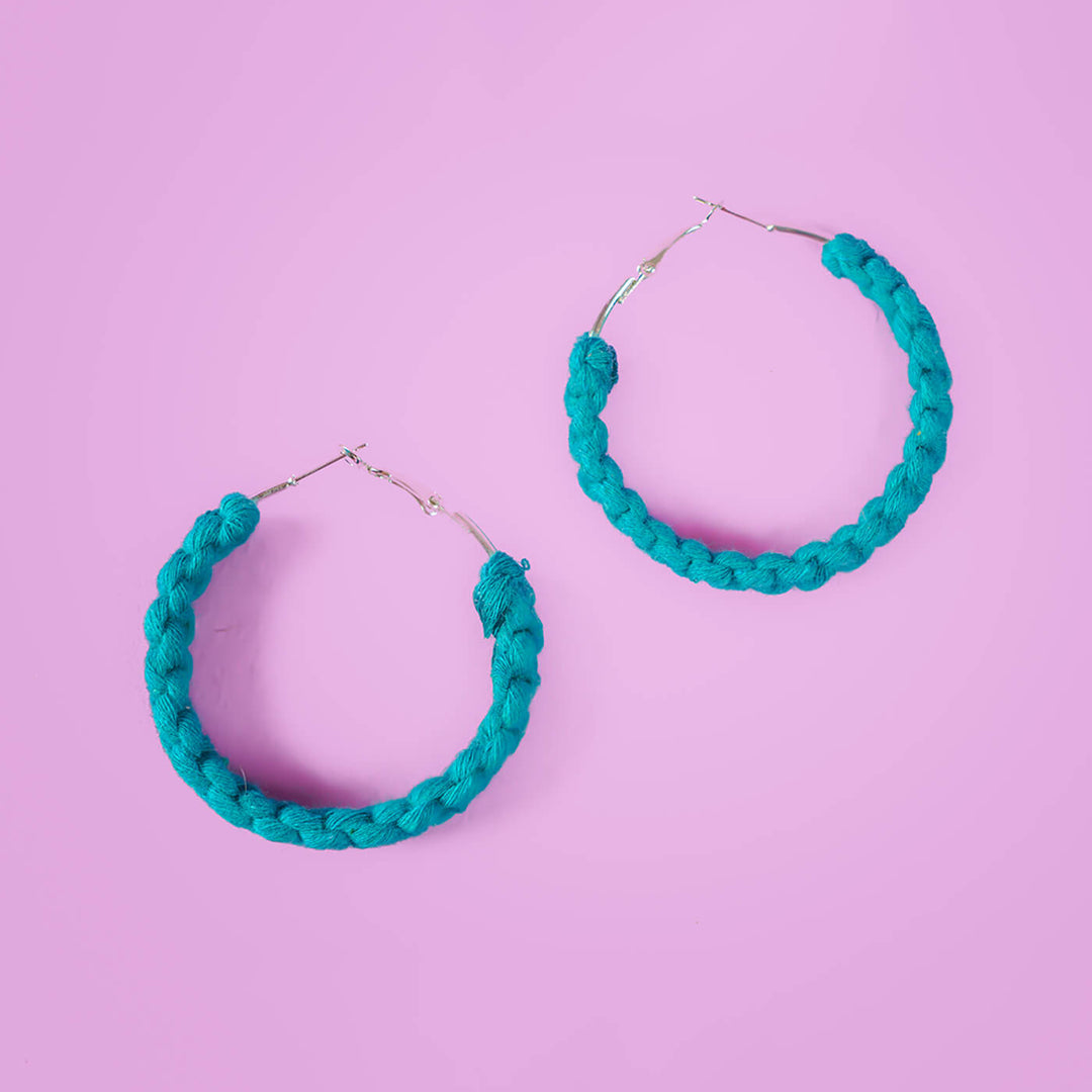 Teal Braided Macrame Hoop Earrings