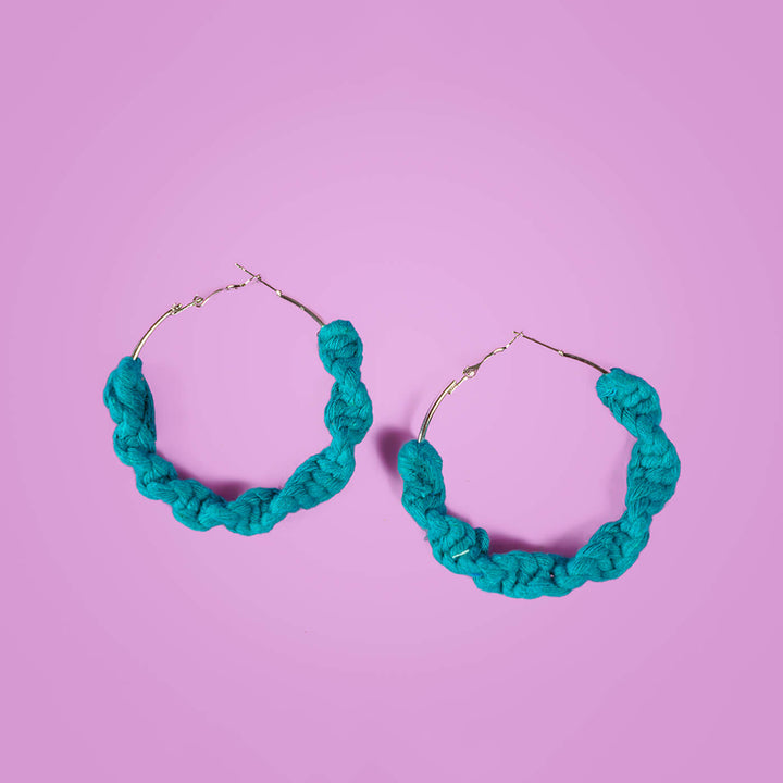 Teal Twisted Macrame Hoop Earrings