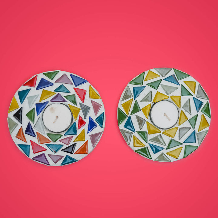 Handmade Round Mosaic Glass Tealight Holders For Christmas Table Decoration | Set Of 2