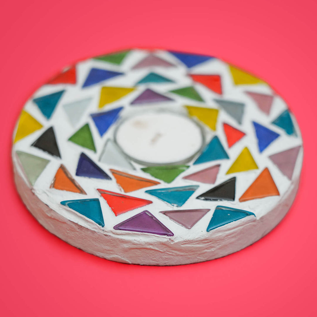 Handmade Round Mosaic Glass Tealight Holders For Christmas Table Decoration | Set Of 2