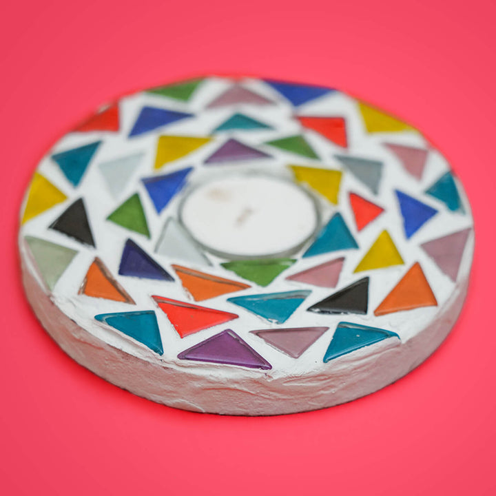 Handmade Round Mosaic Glass Tealight Holders For Christmas Table Decoration | Set Of 2