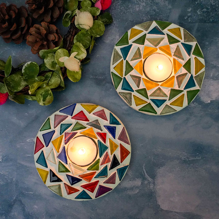 Handmade Round Mosaic Glass Tealight Holders For Christmas Table Decoration | Set Of 2
