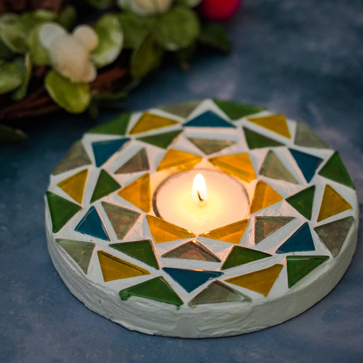 Handmade Round Mosaic Glass Tealight Holders For Christmas Table Decoration | Set Of 2