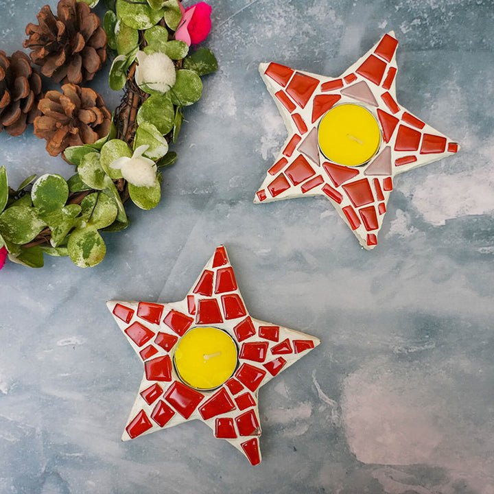 Handmade Star Mosaic Glass Tealight Holders For Christmas Table Decoration | Set Of 2