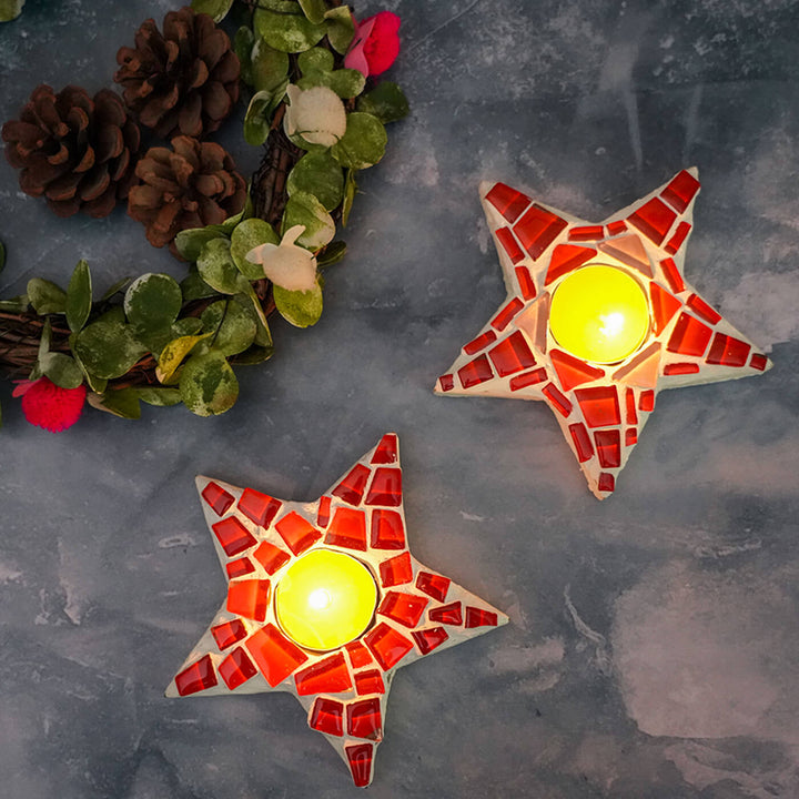 Handmade Star Mosaic Glass Tealight Holders For Christmas Table Decoration | Set Of 2