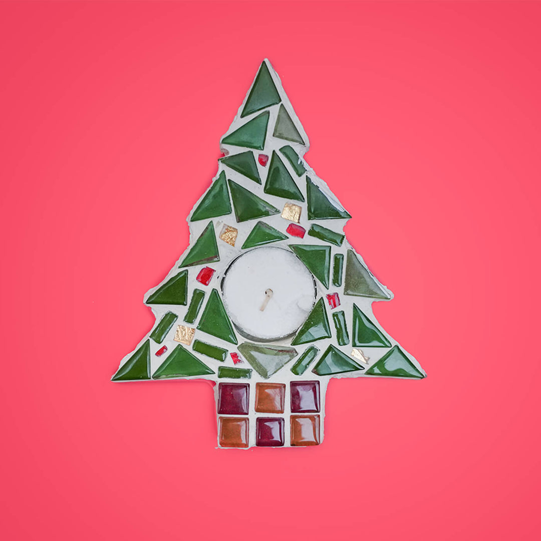 Handmade Xmas Tree Mosaic Glass Tealight Holders For Decoration | Set Of 2