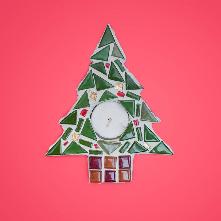 Handmade Xmas Tree Mosaic Glass Tealight Holders For Decoration | Set Of 2