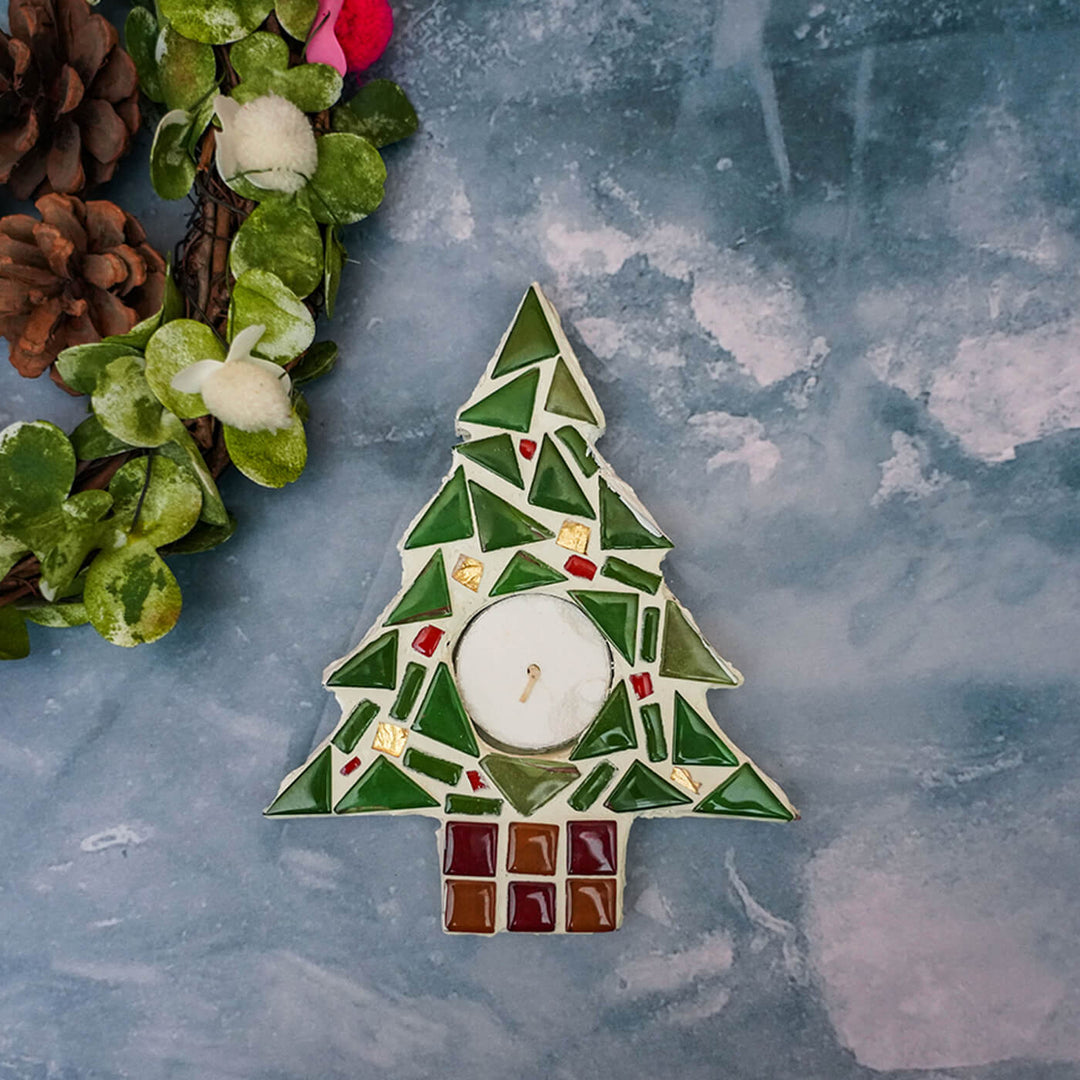 Handmade Xmas Tree Mosaic Glass Tealight Holders For Decoration | Set Of 2