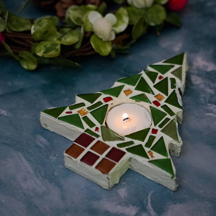 Handmade Xmas Tree Mosaic Glass Tealight Holders For Decoration | Set Of 2