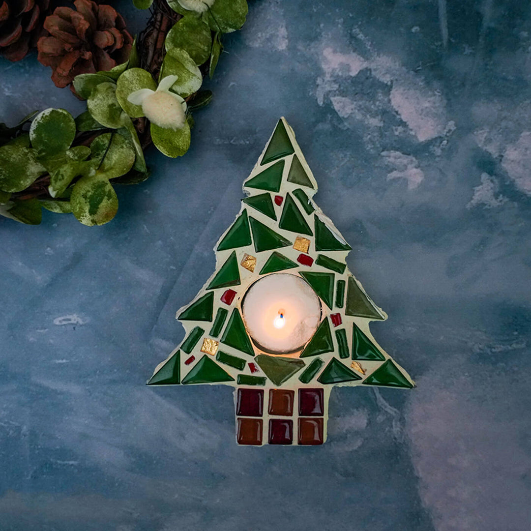 Handmade Xmas Tree Mosaic Glass Tealight Holders For Decoration | Set Of 2