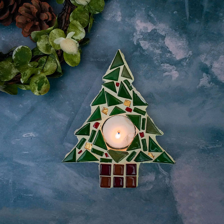 Handmade Xmas Tree Mosaic Glass Tealight Holders For Decoration | Set Of 2