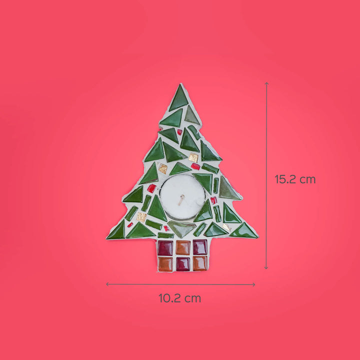 Handmade Xmas Tree Mosaic Glass Tealight Holders For Decoration | Set Of 2