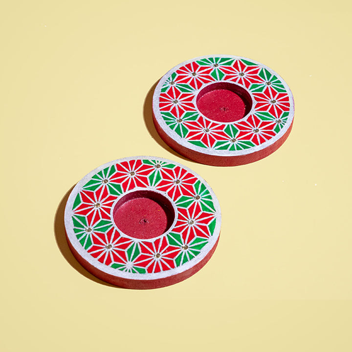 Hand-Painted Wooden Tealight Holders For Christmas Decoration | Set Of 2
