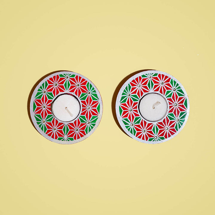 Hand-Painted Wooden Tealight Holders For Christmas Decoration | Set Of 2