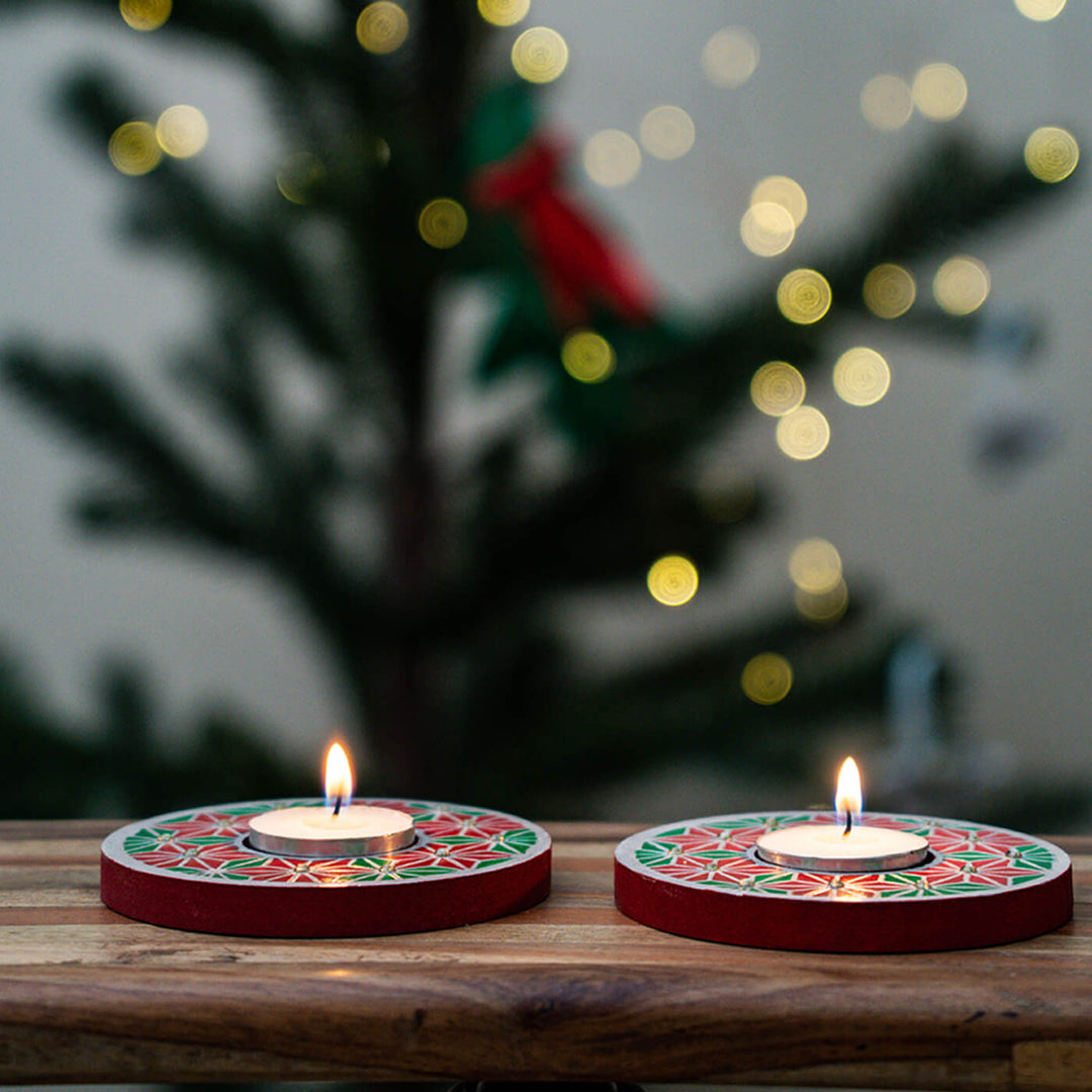 Hand-Painted Wooden Tealight Holders For Christmas Decoration | Set Of 2