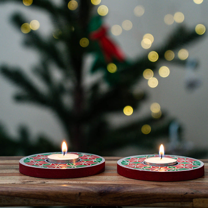 Hand-Painted Wooden Tealight Holders For Christmas Decoration | Set Of 2