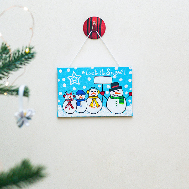 Hand-Painted Snowman Family Canvas Wall Hanging