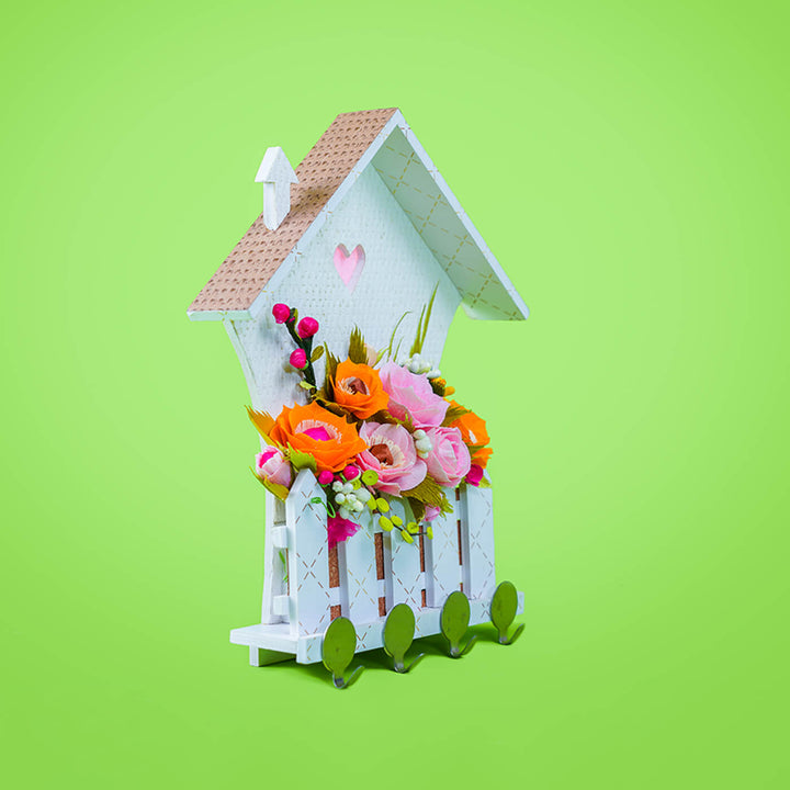 House Shaped MDF Key Holder With Quilled Flowers