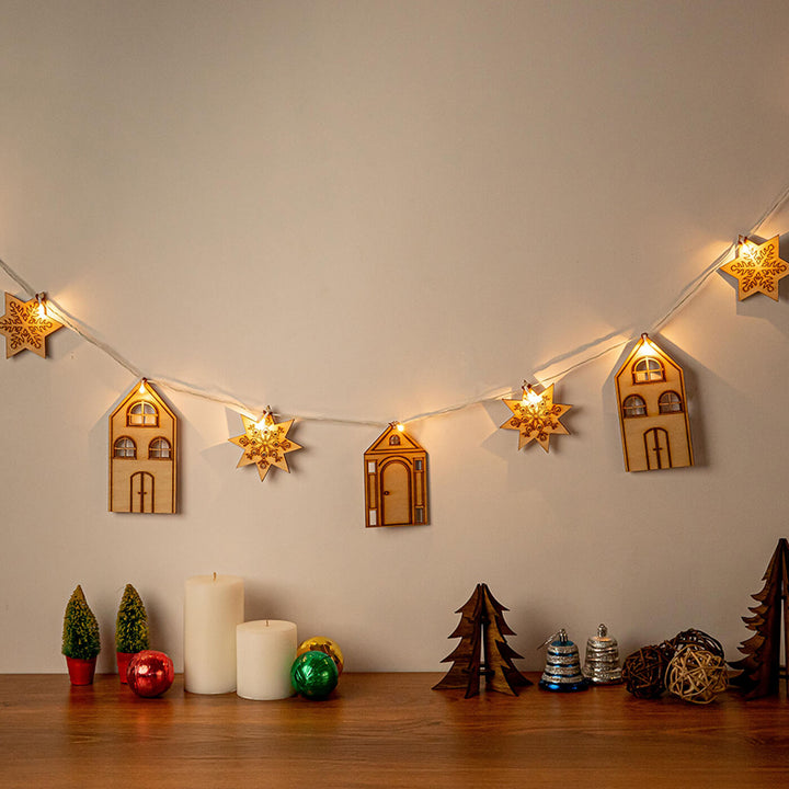 Handmade Sinora Festive Birch Wood Garland With Lights For Christmas Decoration