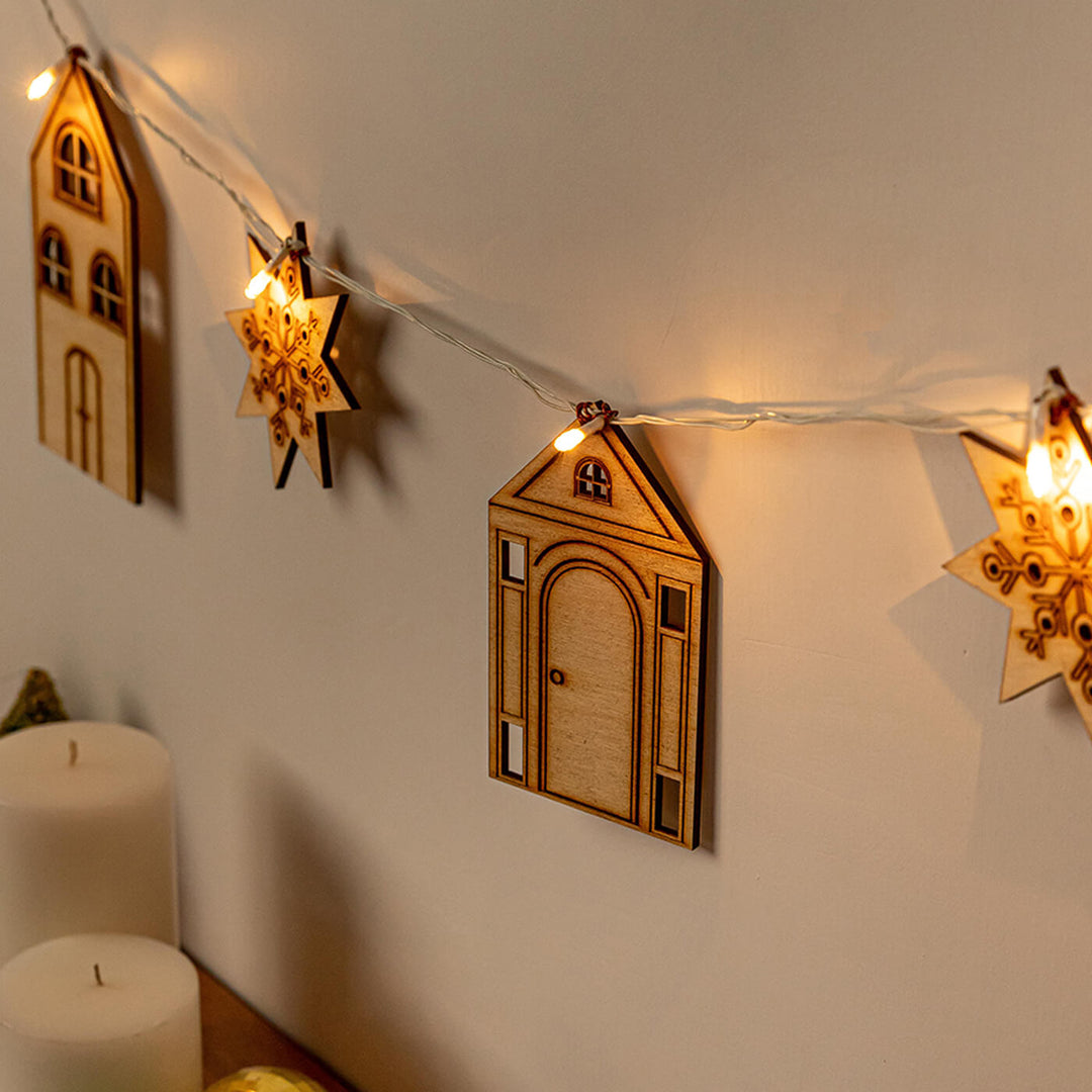 Handmade Sinora Festive Birch Wood Garland With Lights For Christmas Decoration