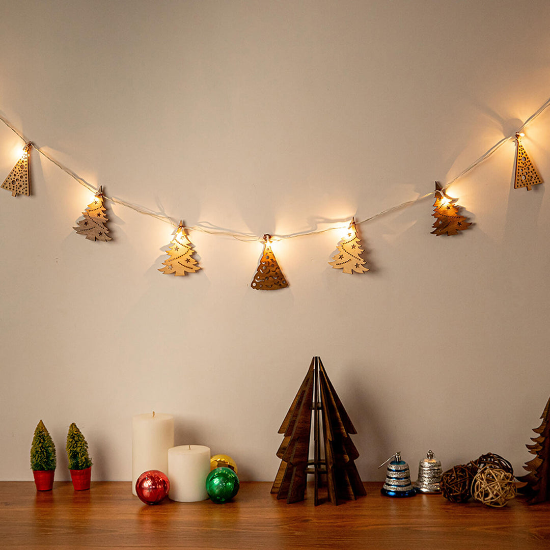 Handmade Grenes Festive Birch Wood Garland With Lights For Christmas Decoration