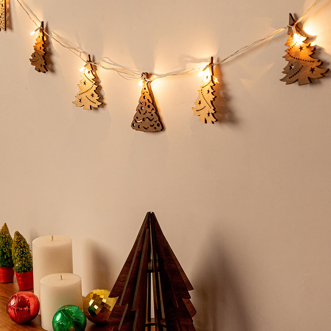 Handmade Grenes Festive Birch Wood Garland With Lights For Christmas Decoration