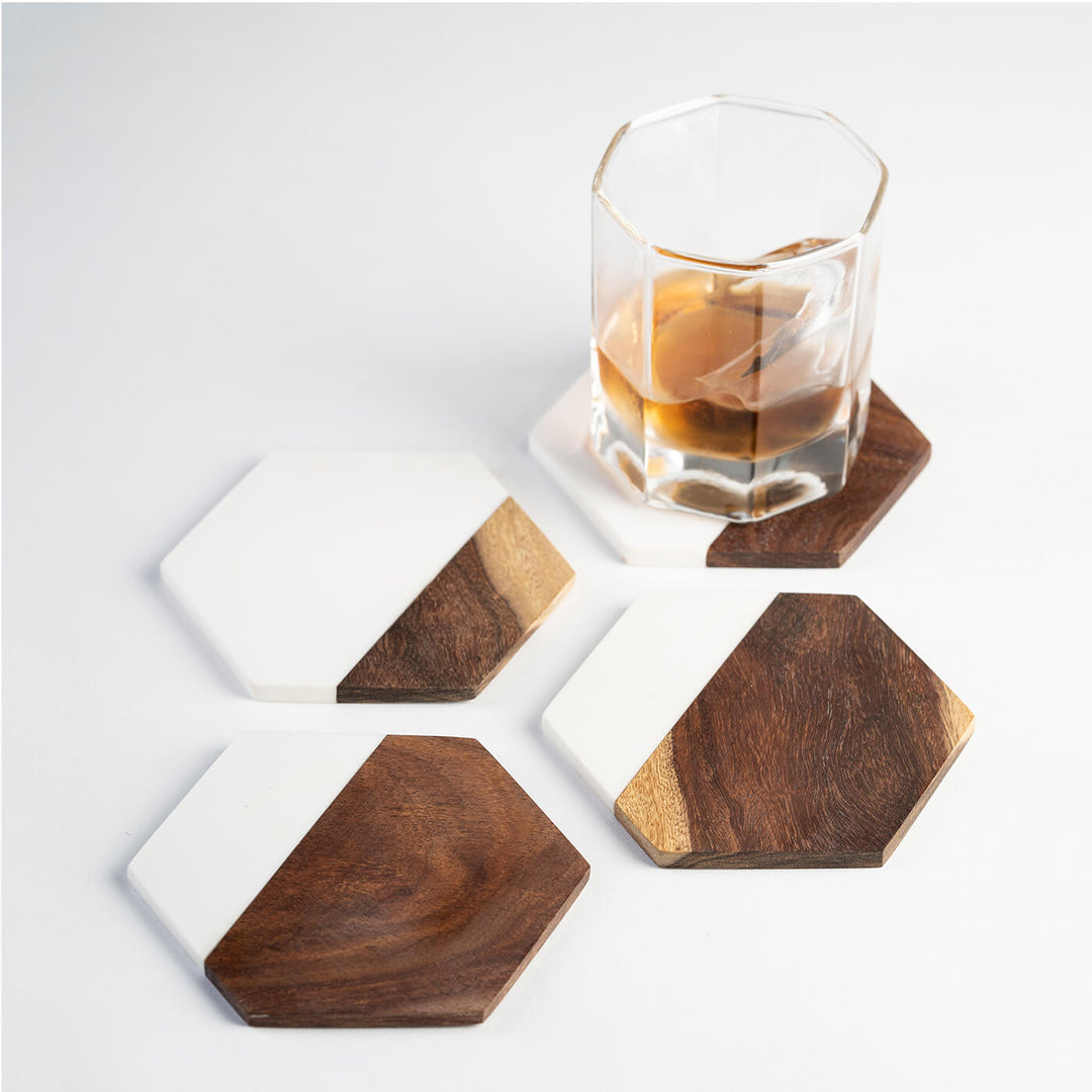 Hexagonal Coaster - Rosewood and Handmade Marble - Set of 4