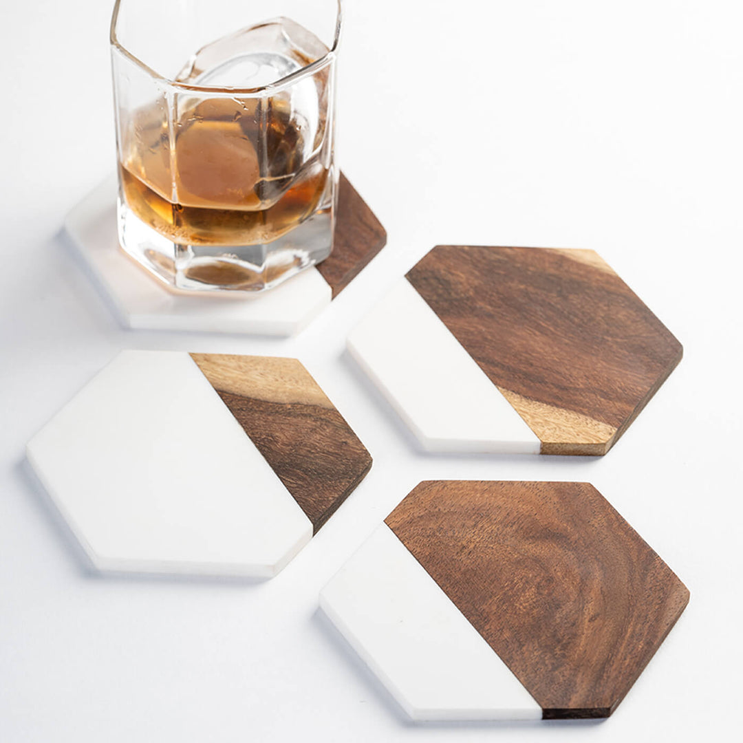 Hexagonal Coaster - Rosewood and Handmade Marble - Set of 4