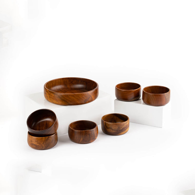 Baro Wooden Bowls - Set Of 1 Large And 6 Small Bowls