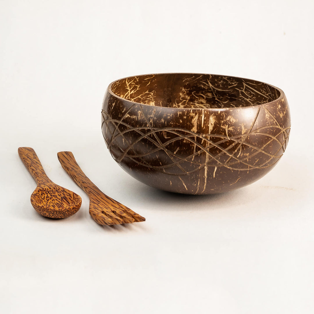 Coconut Shell Carved Jumbo Bowl with Spoon and Fork