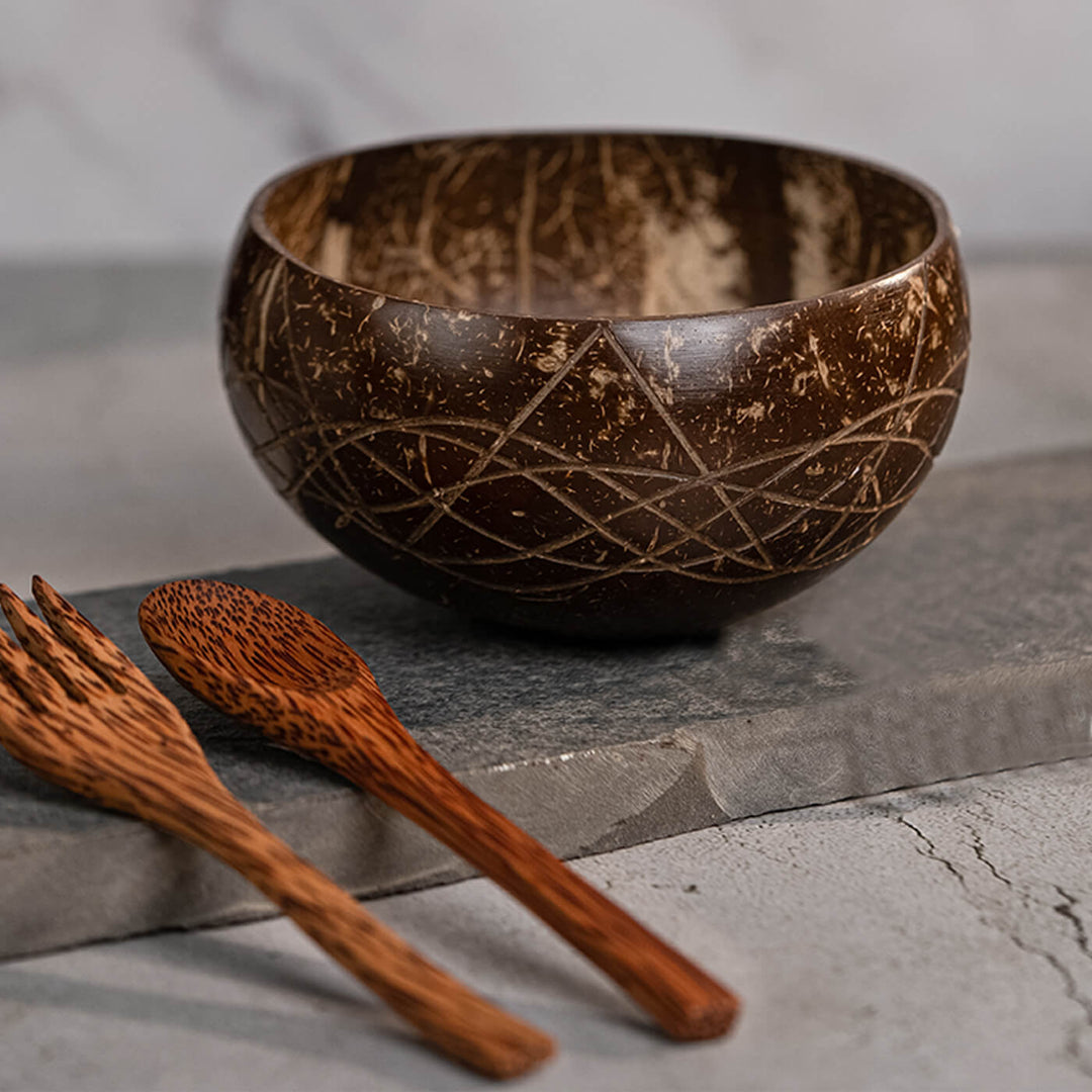 Coconut Shell Carved Jumbo Bowl with Spoon and Fork