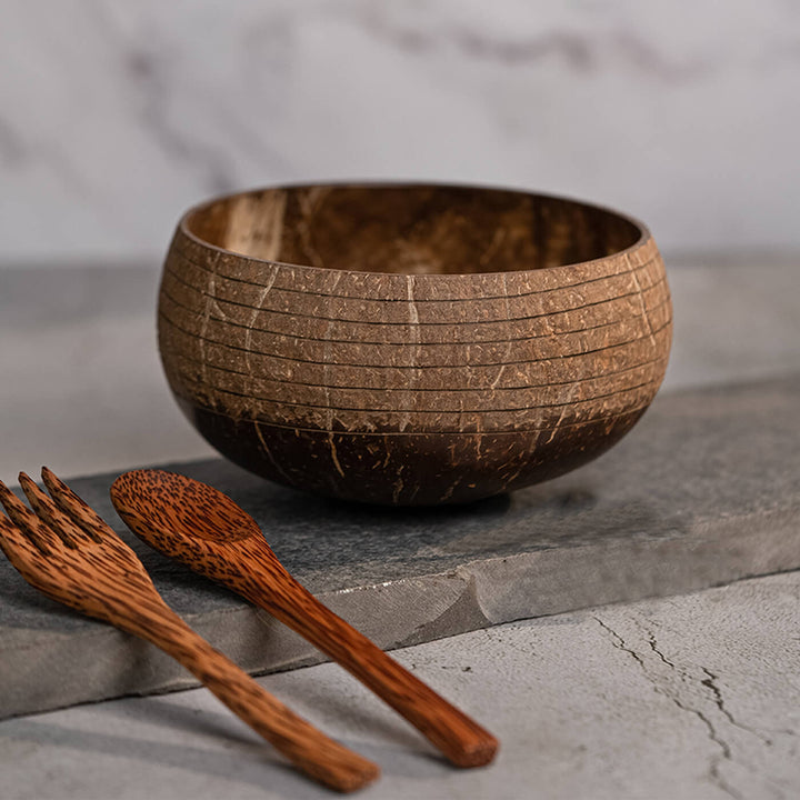 Coconut Shell Ringed Jumbo Bowl with Spoon and Fork