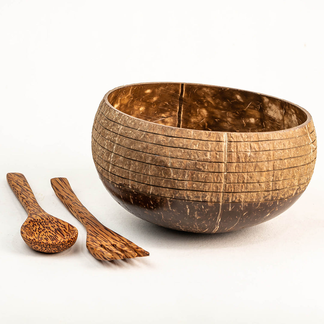 Coconut Shell Ringed Jumbo Bowl with Spoon and Fork