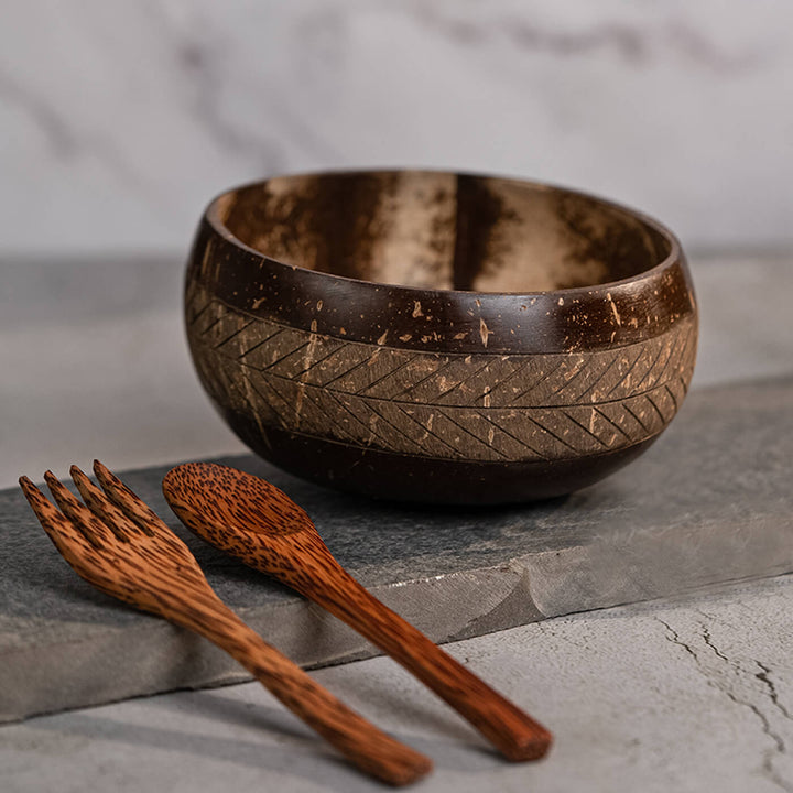 Coconut Shell Geometric Jumbo Bowl with Spoon and Fork