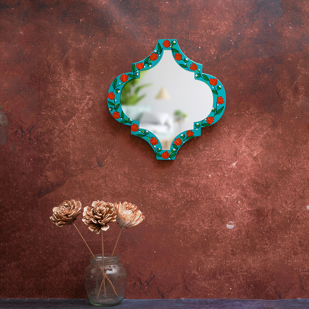 Handpainted Lotus Madhubani Art Wooden Wall Mirror