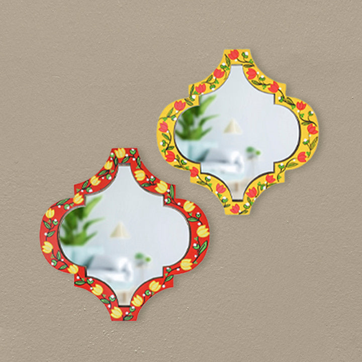 Handpainted Lotus Madhubani Art Wooden Wall Mirror - Set of 2