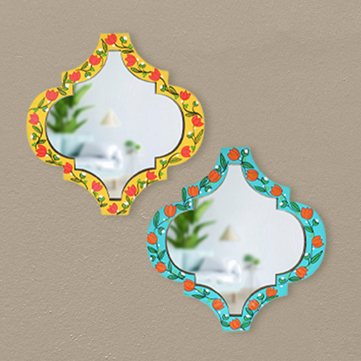 Handpainted Lotus Madhubani Art Wooden Wall Mirror - Set of 2