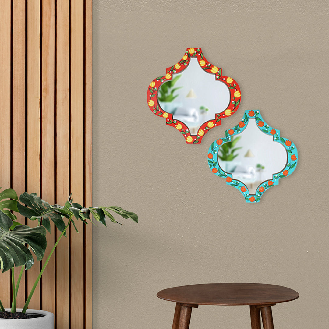 Handpainted Lotus Madhubani Art Wooden Wall Mirror - Set of 2