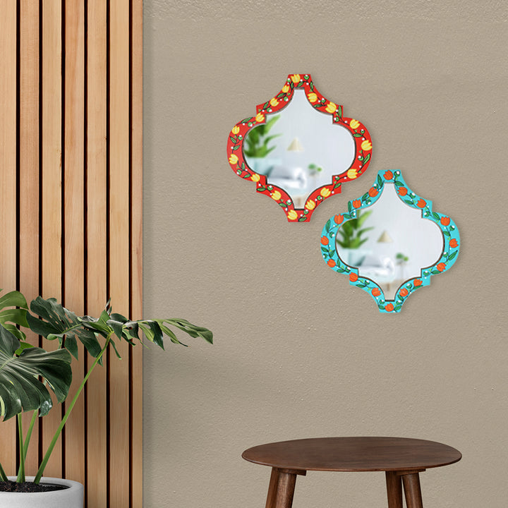 Handpainted Lotus Madhubani Art Wooden Wall Mirror - Set of 2