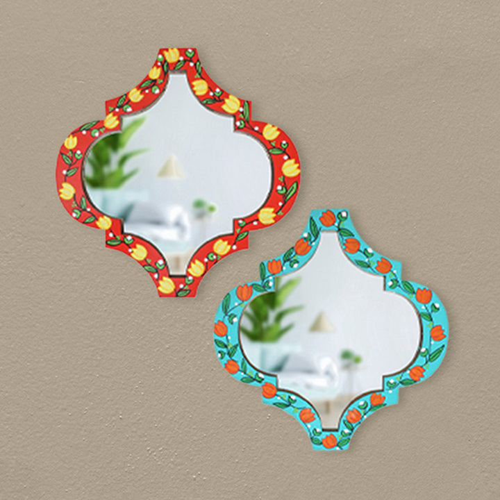 Handpainted Lotus Madhubani Art Wooden Wall Mirror - Set of 2