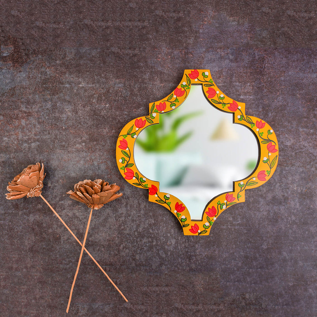 Handpainted Lotus Madhubani Art Wooden Wall Mirror