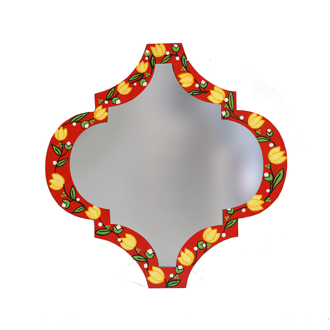 Handpainted Lotus Madhubani Art Wooden Wall Mirror - Set of 4
