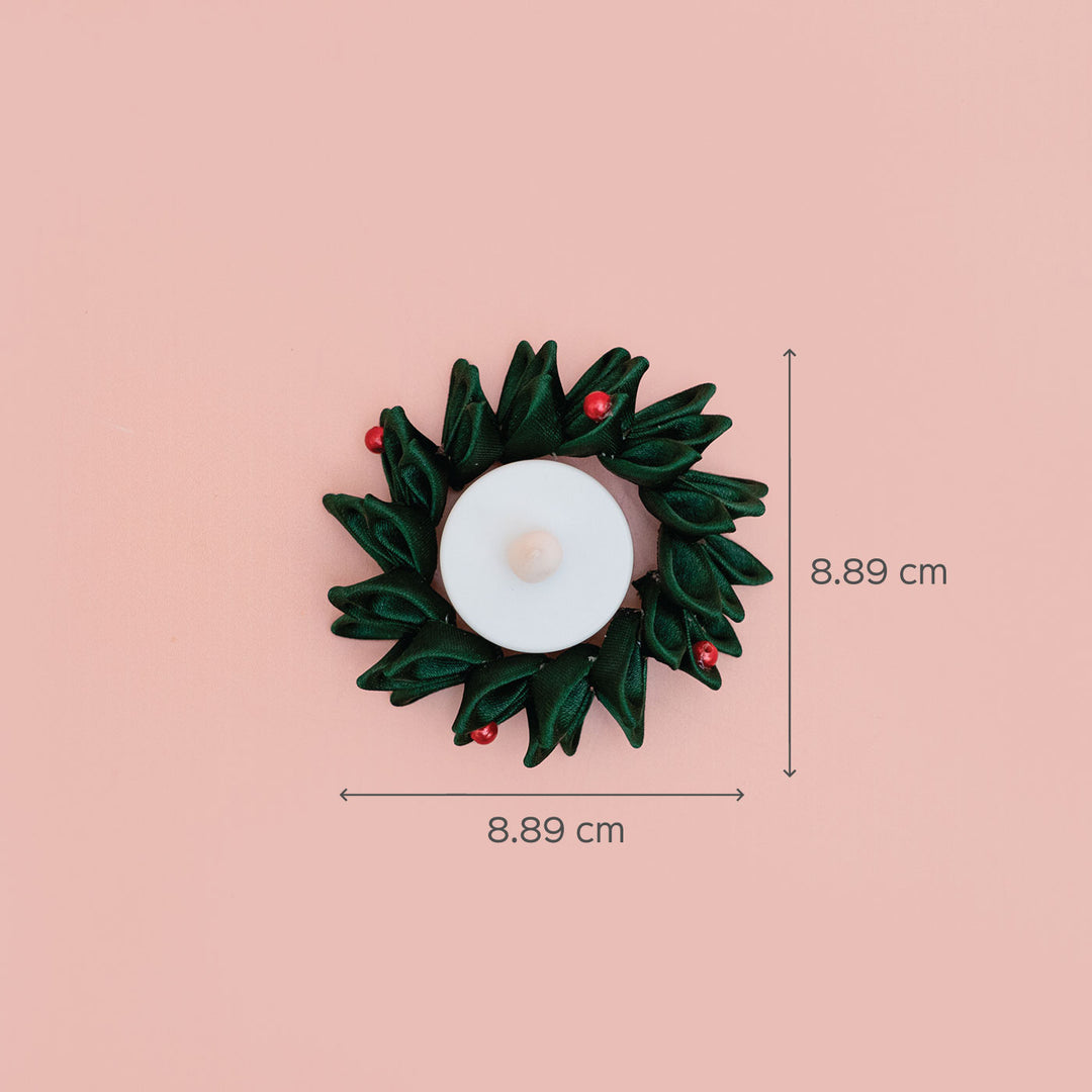 Handmade Green Satin Ribbon Candles For Christmas Table Decoration Set Of 2