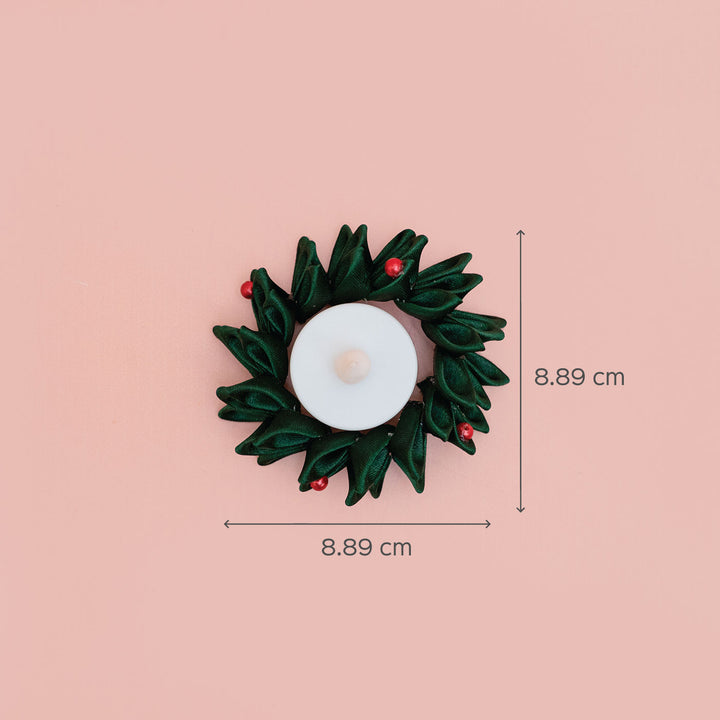 Handmade Green Satin Ribbon Candles For Christmas Table Decoration Set Of 2