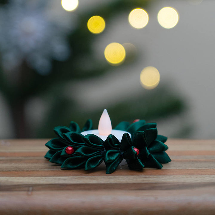 Handmade Green Satin Ribbon Candles For Christmas Table Decoration Set Of 2