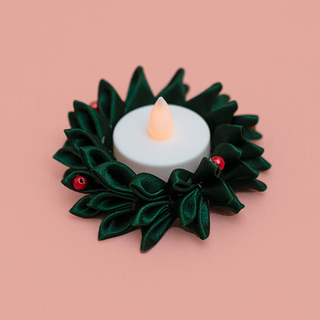 Handmade Green Satin Ribbon Candles For Christmas Table Decoration Set Of 2