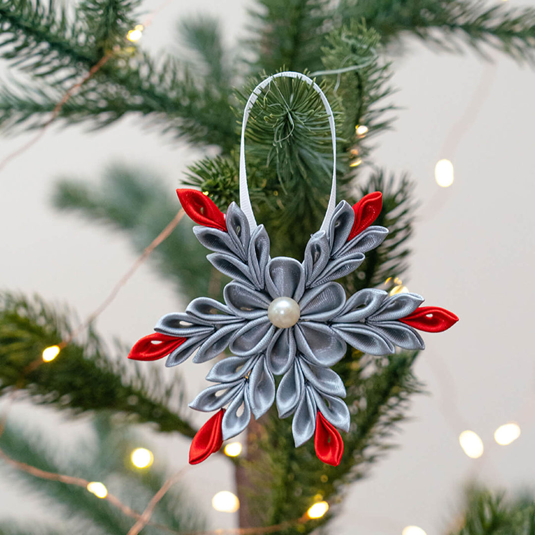 Handmade Silver Snowflake Satin Ribbon Ornaments For Christmas Tree Decoration | Set Of 4