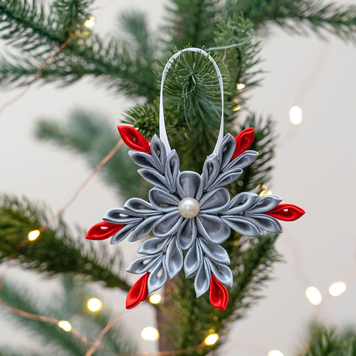 Handmade Silver Snowflake Satin Ribbon Ornaments For Christmas Tree Decoration | Set Of 4