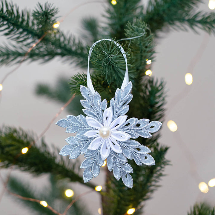 Handmade Silver Snowflake Satin Ribbon Ornaments For Christmas Tree Decoration | Set Of 4