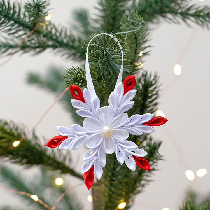 Handmade Silver Snowflake Satin Ribbon Ornaments For Christmas Tree Decoration | Set Of 4